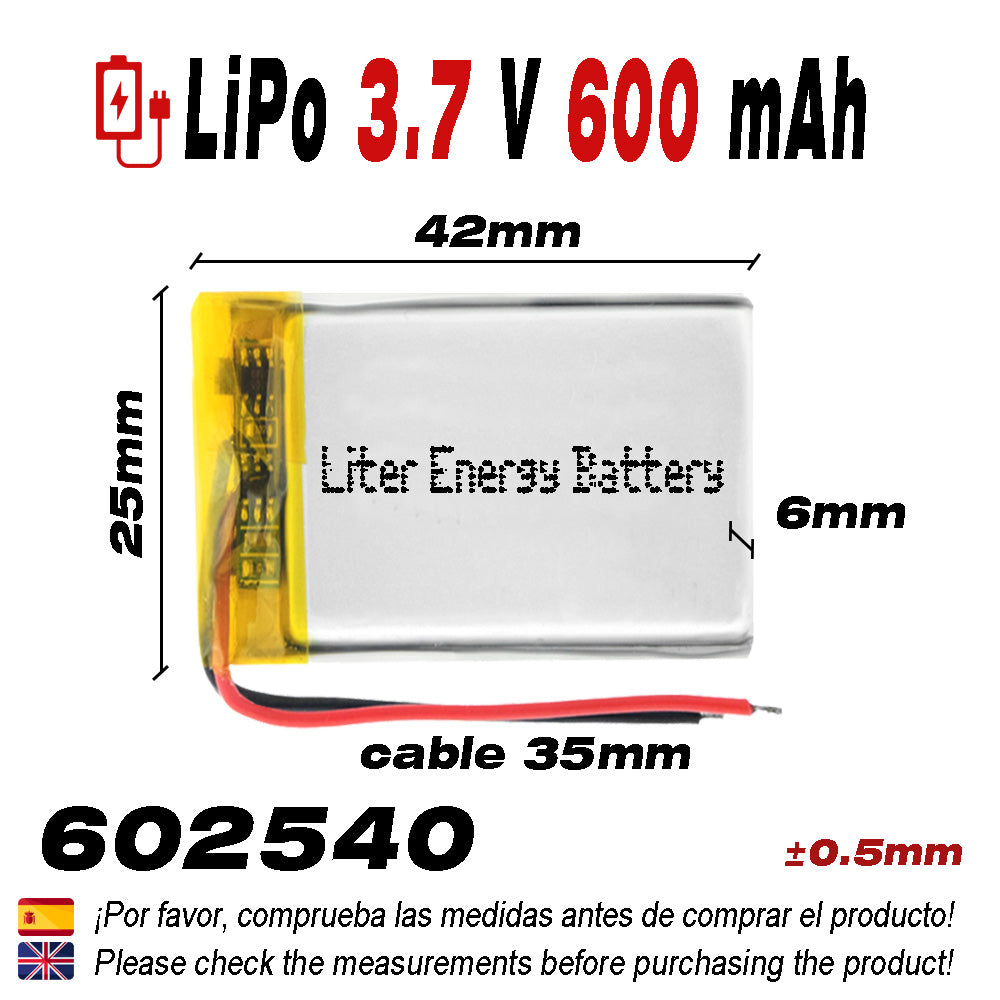 Batería 602540 LiPo 3.7V 600mAh 2.22Wh 1S 5C Liter Energy Battery para Electrónica Recargable teléfono portátil vídeo smartwatch reloj GPS - No apta para Radio Control 42x25x6mm (600mAh|602540)