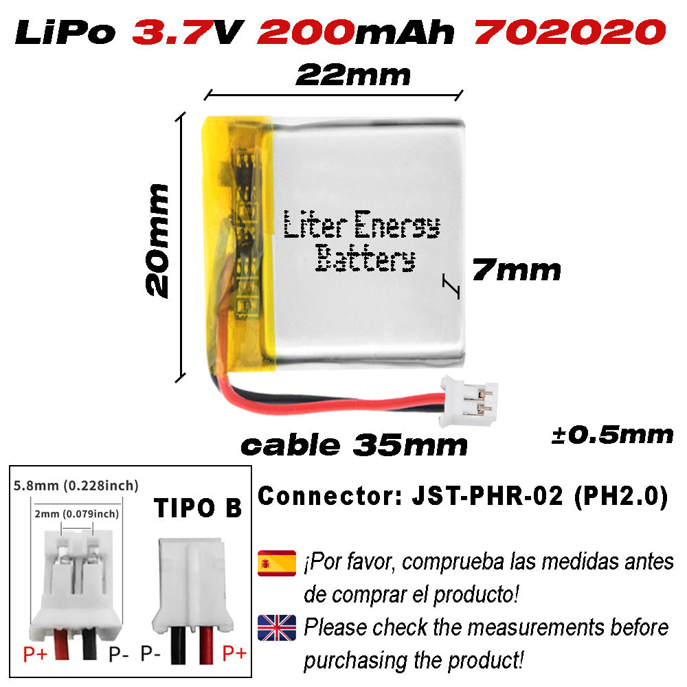 Batería 702020 LiPo 3.7V 200mAh 0.74Wh Recargable Conector PH2.0 (JST-PHR-02) Tipo B Litio: Asegúrese Que la polaridad del Dispositivo Coincide con la batería 22x20x7mm (PH2|200mAh|702020)