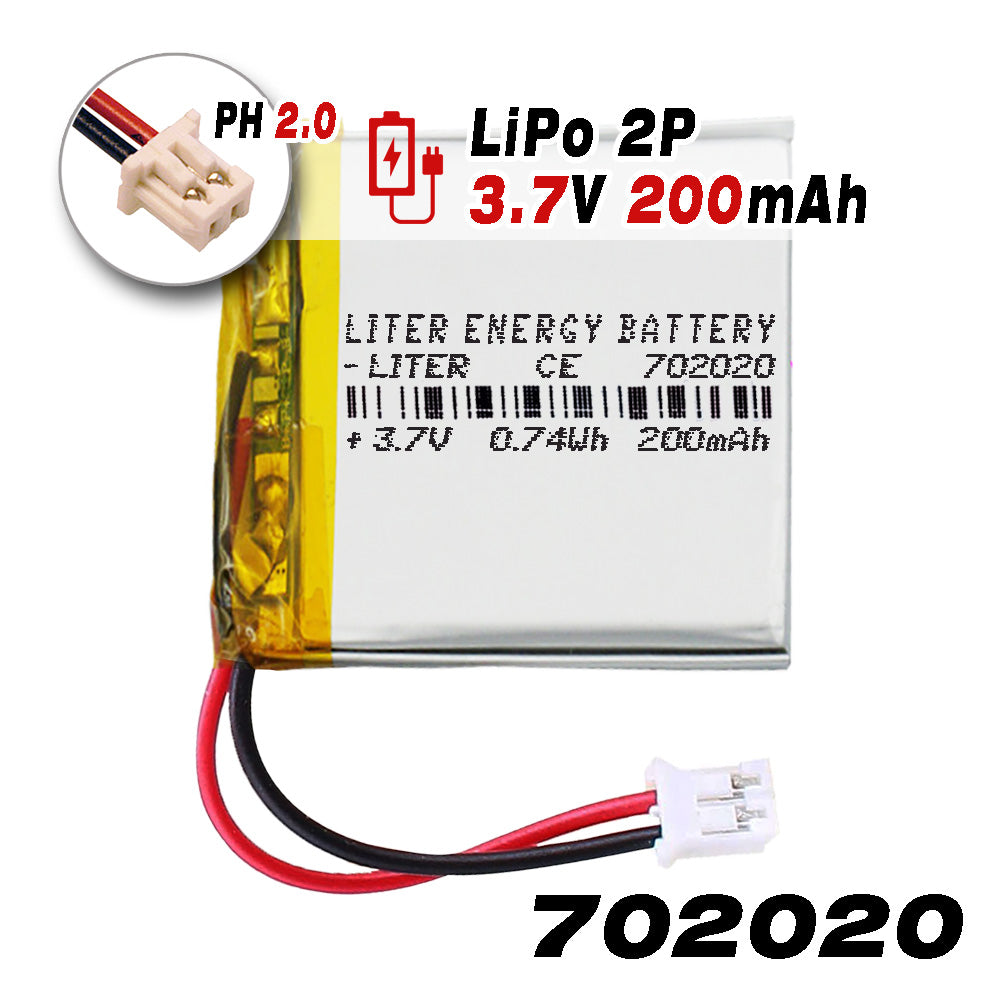 Batería 702020 LiPo 3.7V 200mAh 0.74Wh Recargable Conector PH2.0 (JST-PHR-02) Tipo B Litio: Asegúrese Que la polaridad del Dispositivo Coincide con la batería 22x20x7mm (PH2|200mAh|702020)