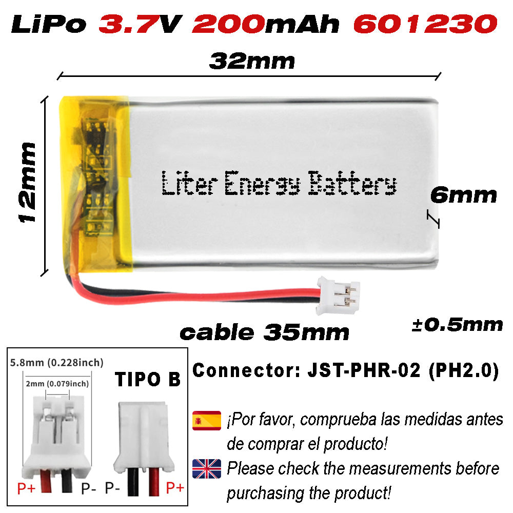 Batería 601230 LiPo 3.7V 200mAh 0.74Wh Recargable Conector PH2.0 (JST-PHR-02) Tipo B Litio: Asegúrese Que la polaridad del Dispositivo Coincide con la batería 32x12x6mm (PH2|200mAh|601230)