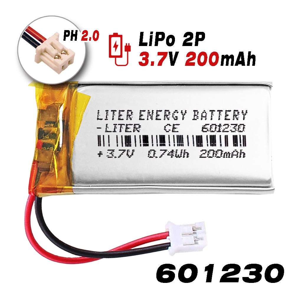 Batería 601230 LiPo 3.7V 200mAh 0.74Wh Recargable Conector PH2.0 (JST-PHR-02) Tipo B Litio: Asegúrese Que la polaridad del Dispositivo Coincide con la batería 32x12x6mm (PH2|200mAh|601230)