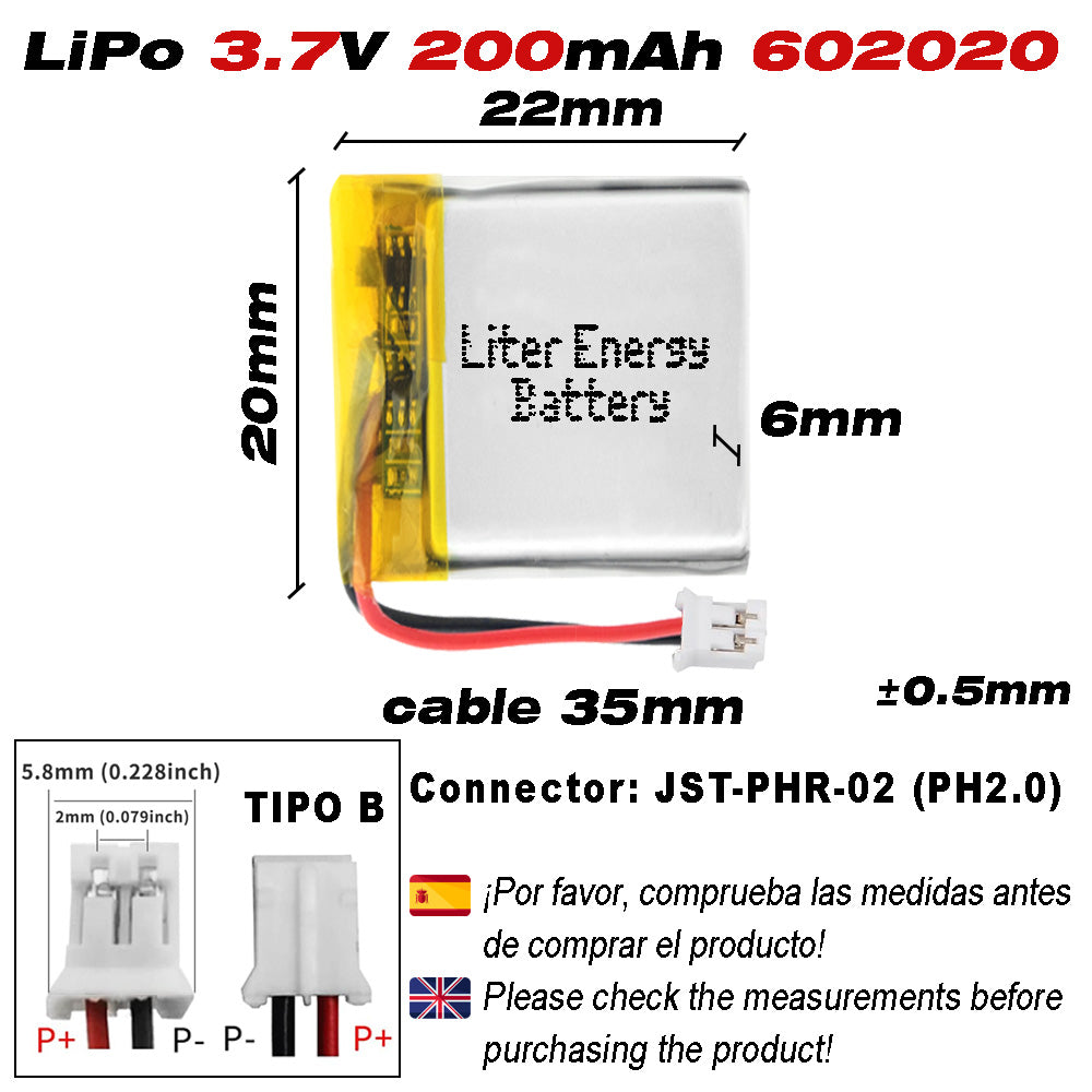 Batería 602020 LiPo 3.7V 200mAh 0.74Wh Recargable Conector PH2.0 (JST-PHR-02) Tipo B Litio: Asegúrese Que la polaridad del Dispositivo Coincide con la batería 22x20x6mm (PH2|200mAh|602020)
