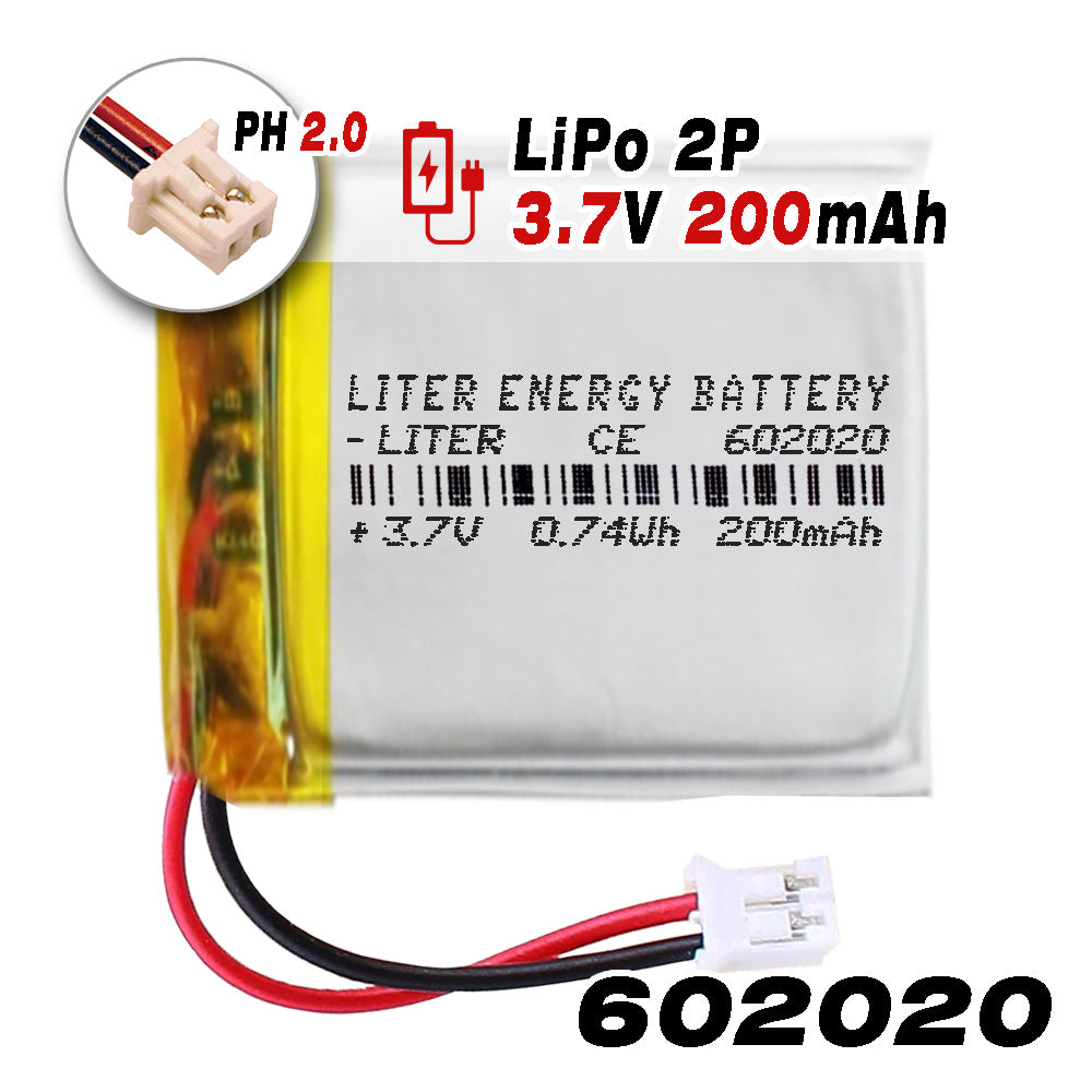 Batería 602020 LiPo 3.7V 200mAh 0.74Wh Recargable Conector PH2.0 (JST-PHR-02) Tipo B Litio: Asegúrese Que la polaridad del Dispositivo Coincide con la batería 22x20x6mm (PH2|200mAh|602020)