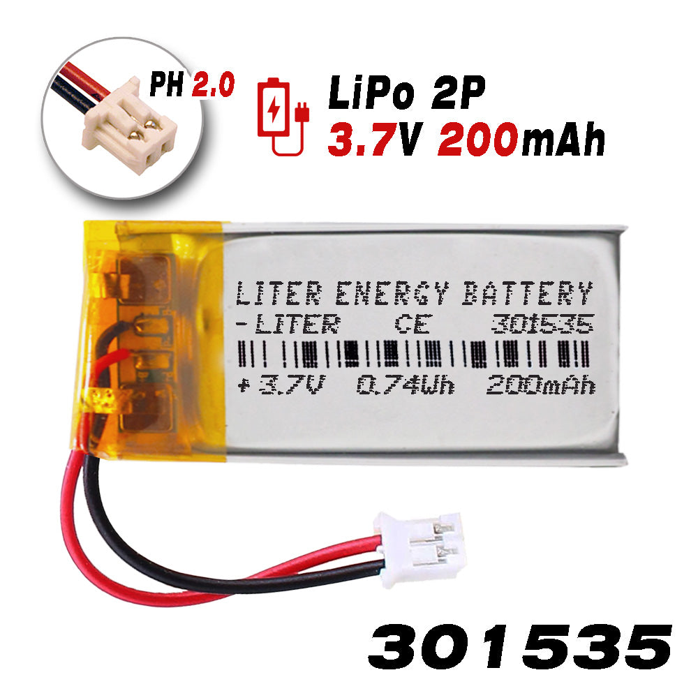 Batería 301535 LiPo 3.7V 200mAh 0.74Wh Recargable Conector PH2.0 (JST-PHR-02) Tipo B Litio: Asegúrese Que la polaridad del Dispositivo Coincide con la batería 37x15x3mm (PH2|200mAh|301535)
