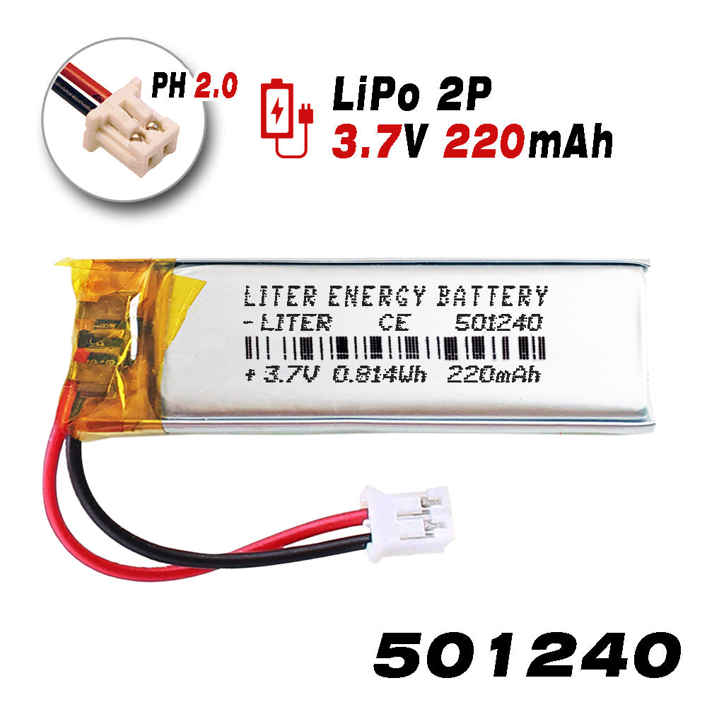 Batería 501240 LiPo 3.7V 220mAh 0.814Wh Recargable Conector PH2.0 (JST-PHR-02) Tipo B Litio: Asegúrese Que la polaridad del Dispositivo Coincide con la batería 42x12x5mm (PH2|220mAh|501240)
