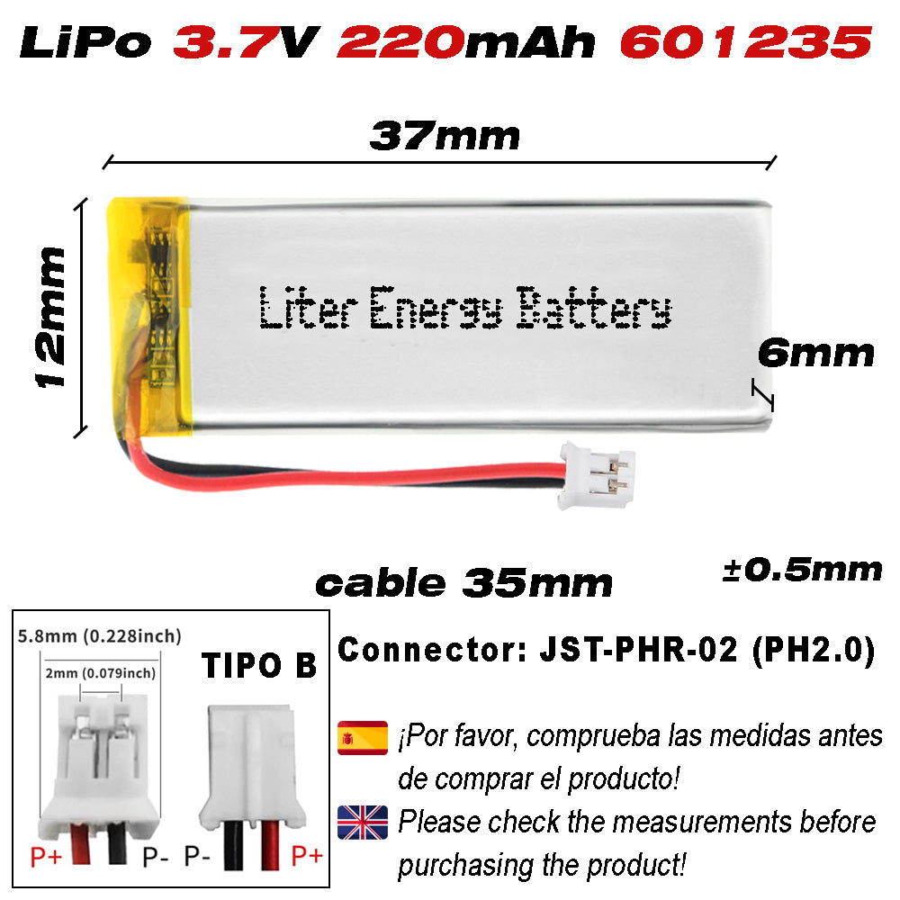 Batería 501537 LiPo 3.7V 230mAh 0.851Wh Recargable Conector PH2.0 (JST-PHR-02) Tipo B Litio: Asegúrese Que la polaridad del Dispositivo Coincide con la batería 39x15x5mm (PH2|230mAh|501537)