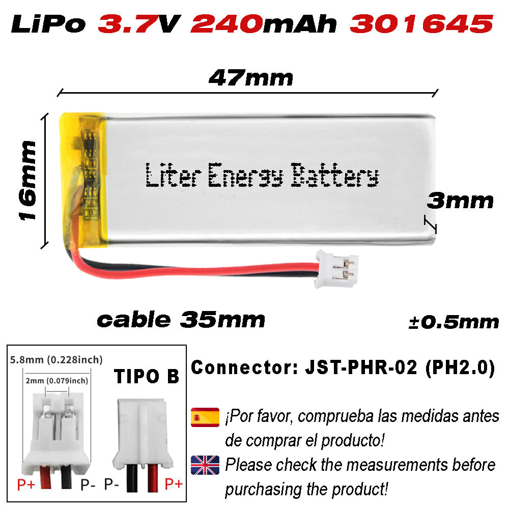 Batería 301645 LiPo 3.7V 240mAh 0.888Wh Recargable Conector PH2.0 (JST-PHR-02) Tipo B Litio: Asegúrese Que la polaridad del Dispositivo Coincide con la batería 47x16x3mm (PH2|240mAh|301645)