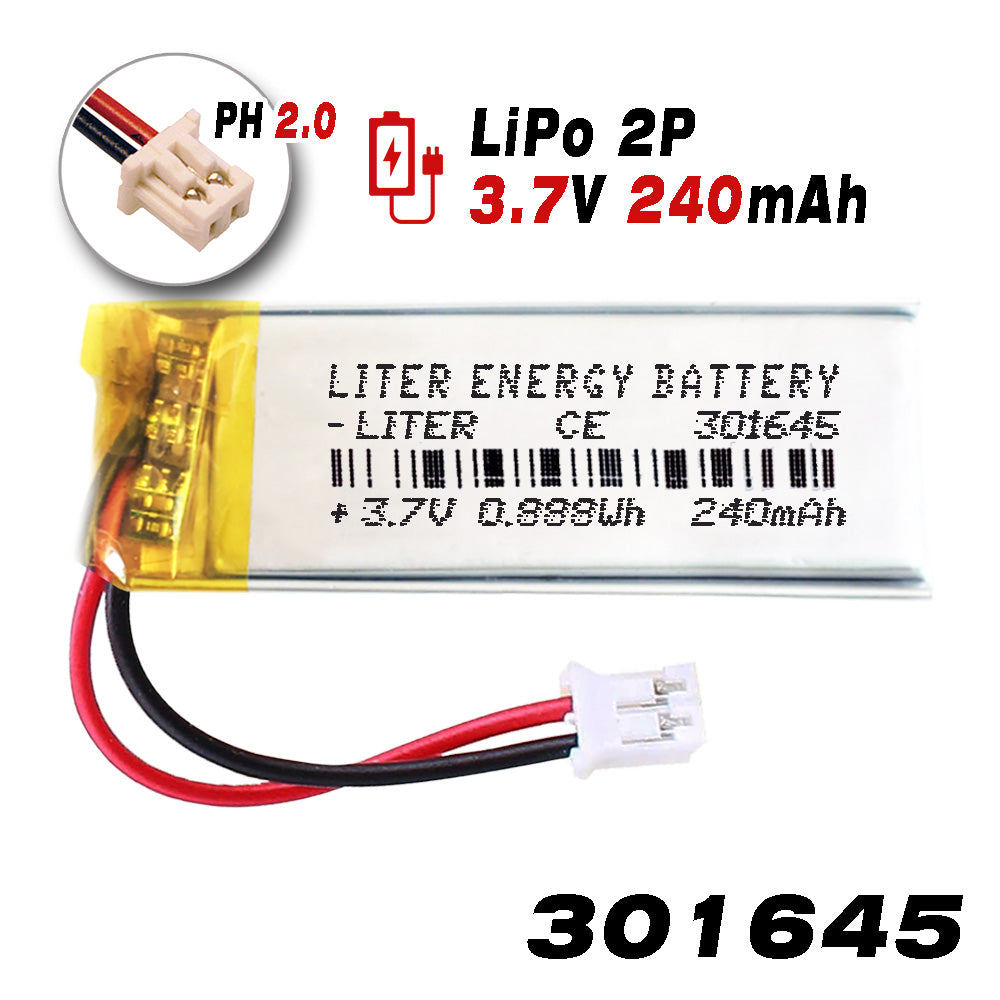 Batería 301645 LiPo 3.7V 240mAh 0.888Wh Recargable Conector PH2.0 (JST-PHR-02) Tipo B Litio: Asegúrese Que la polaridad del Dispositivo Coincide con la batería 47x16x3mm (PH2|240mAh|301645)