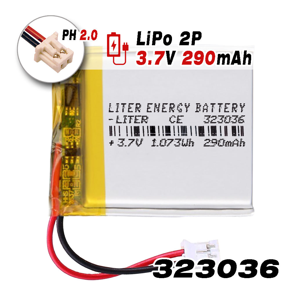 Batería 323036 LiPo 3.7V 290mAh 1.073Wh Recargable Conector PH2.0 (JST-PHR-02) Tipo B Litio: Asegúrese Que la polaridad del Dispositivo Coincide con la batería 38x30x3.5mm(PH2|290mAh|323036)
