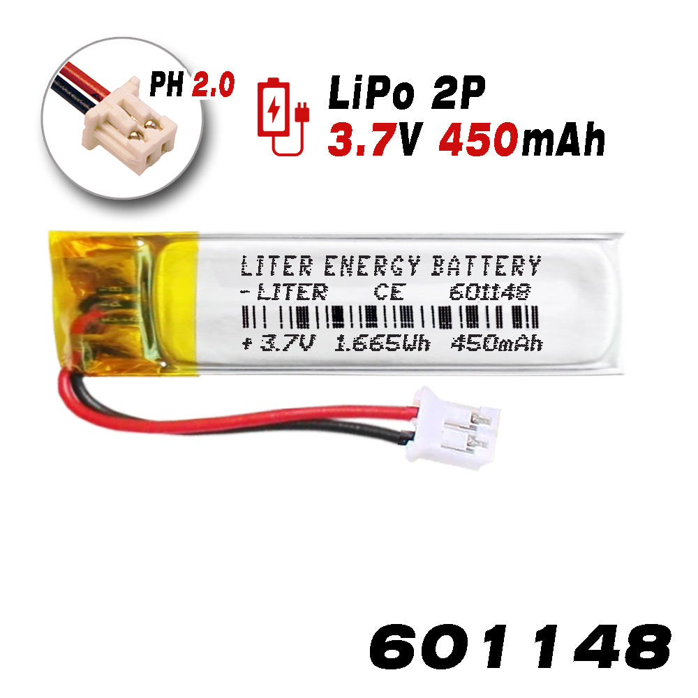 Batería 601148 LiPo 3.7V 450mAh 1.665Wh Recargable Conector PH2.0 (JST-PHR-02) Tipo B Litio: Asegúrese Que la polaridad del Dispositivo Coincide con la batería 50x11x6mm (PH2|450mAh|601148)