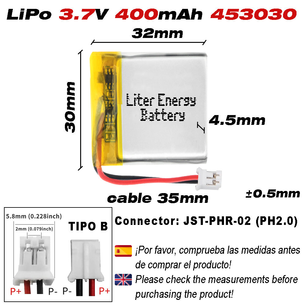 Batería 453030 LiPo 3.7V 400mAh 1.48Wh Recargable Conector PH2.0 (JST-PHR-02) Tipo B Litio: Asegúrese Que la polaridad del Dispositivo Coincide con la batería 32x30x4.5mm(PH2|400mAh|453030)