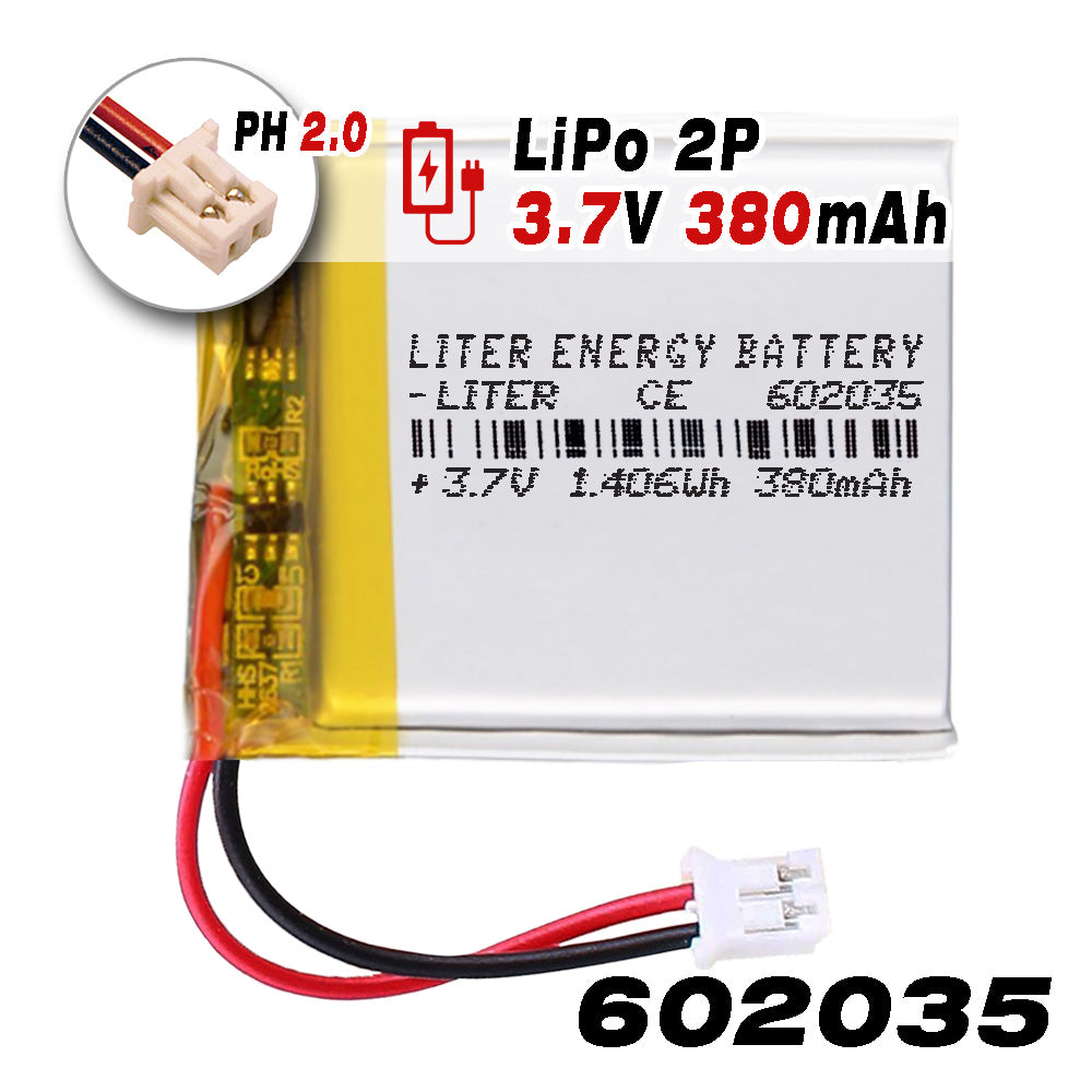 Batería 602035 LiPo 3.7V 380mAh 1.406Wh Recargable Conector PH2.0 (JST-PHR-02) Tipo B Litio: Asegúrese Que la polaridad del Dispositivo Coincide con la batería 37x20x6mm (PH2|380mAh|602035)