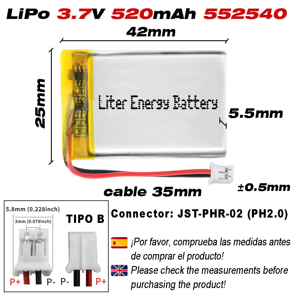 Batería 552540 LiPo 3.7V 520mAh 1.924Wh Recargable Conector PH2.0 (JST-PHR-02) Tipo B Litio: Asegúrese Que la polaridad del Dispositivo Coincide con la batería 42x25x5.5mm (PH2|520mAh|552540)