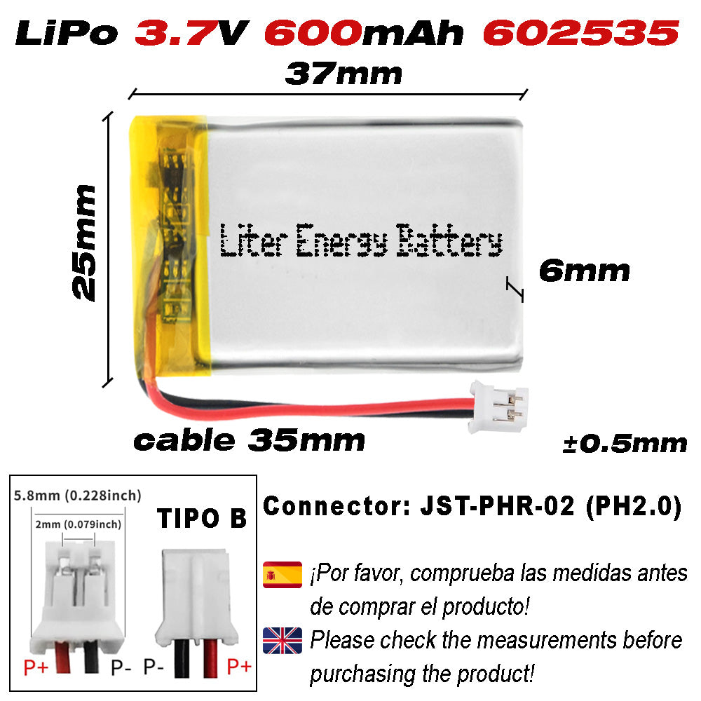 Batería 602535 LiPo 3.7V 600mAh 2.22Wh Recargable Conector PH2.0 (JST-PHR-02) Tipo B Litio: Asegúrese Que la polaridad del Dispositivo Coincide con la batería 37x25x6mm (PH2|600mAh|602535)