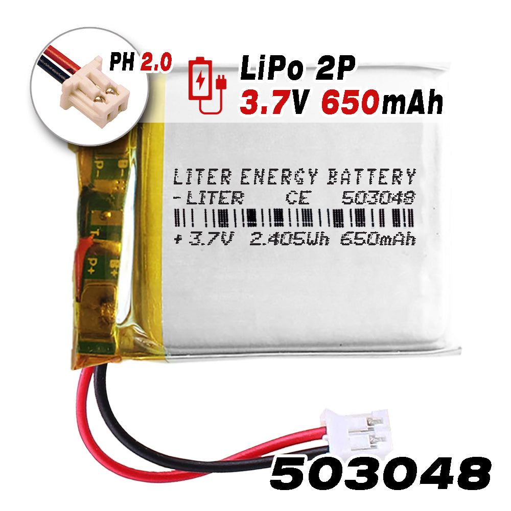 Batería 503048 LiPo 3.7V 650mAh 2.405Wh Recargable Conector PH2.0 (JST-PHR-02) Tipo B Litio: Asegúrese Que la polaridad del Dispositivo Coincide con la batería 50x30x5mm (PH2|650mAh|503048)
