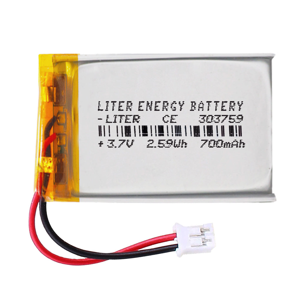 Batería 303759 LiPo 3.7V 700mAh 2.59Wh Recargable Conector PH2.0 (JST-PHR-02) Tipo B Litio: Asegúrese Que la polaridad del Dispositivo Coincide con la batería 61x37x3mm (PH2|700mAh|303759)