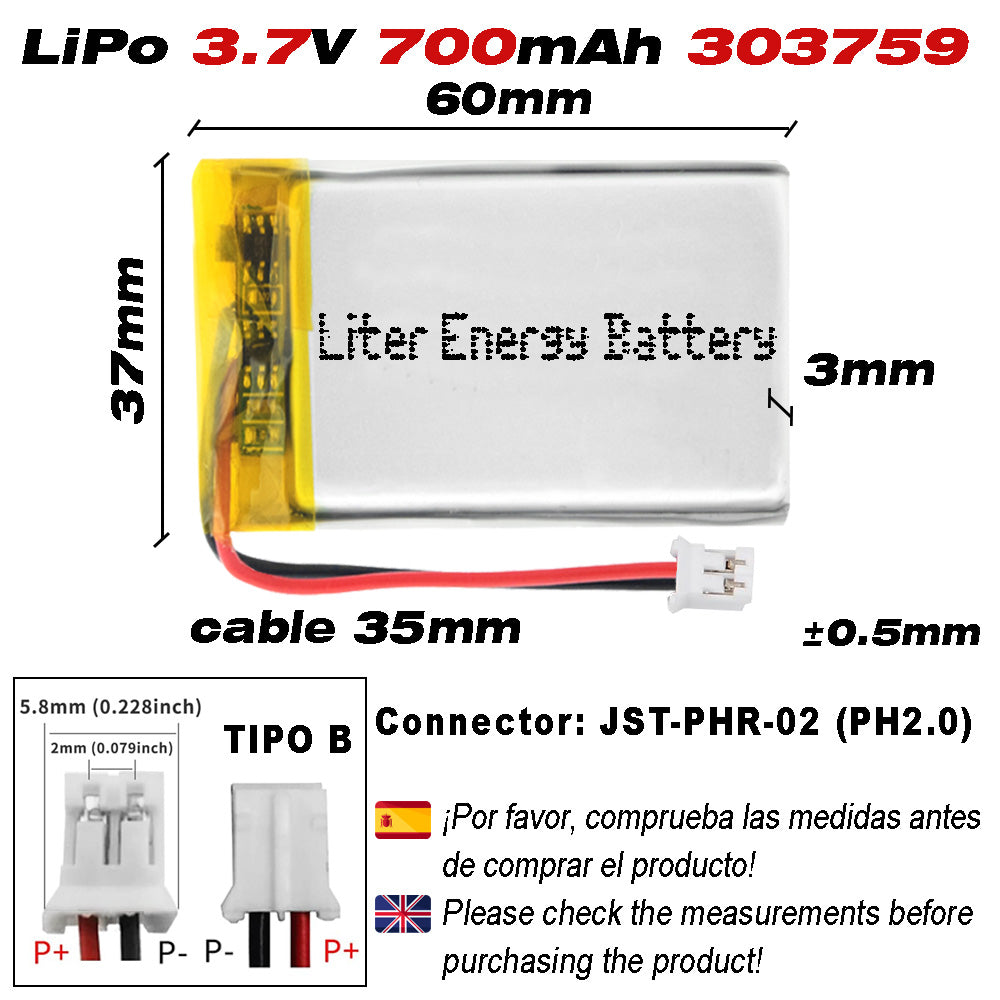 Batería 303759 LiPo 3.7V 700mAh 2.59Wh Recargable Conector PH2.0 (JST-PHR-02) Tipo B Litio: Asegúrese Que la polaridad del Dispositivo Coincide con la batería 61x37x3mm (PH2|700mAh|303759)