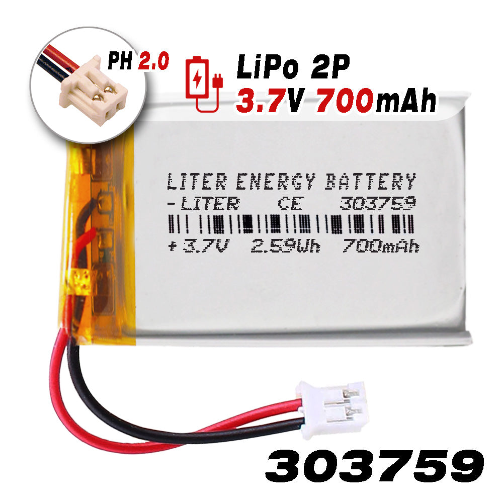 Batería 303759 LiPo 3.7V 700mAh 2.59Wh Recargable Conector PH2.0 (JST-PHR-02) Tipo B Litio: Asegúrese Que la polaridad del Dispositivo Coincide con la batería 61x37x3mm (PH2|700mAh|303759)