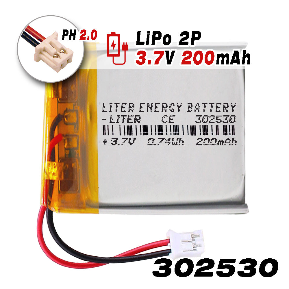 Batería 302530 LiPo 3.7V 200mAh 0.74Wh Recargable Conector PH2.0 (JST-PHR-02) Tipo B Litio: Asegúrese Que la polaridad del Dispositivo Coincide con la batería 32x25x3mm (PH2|200mAh|302530)