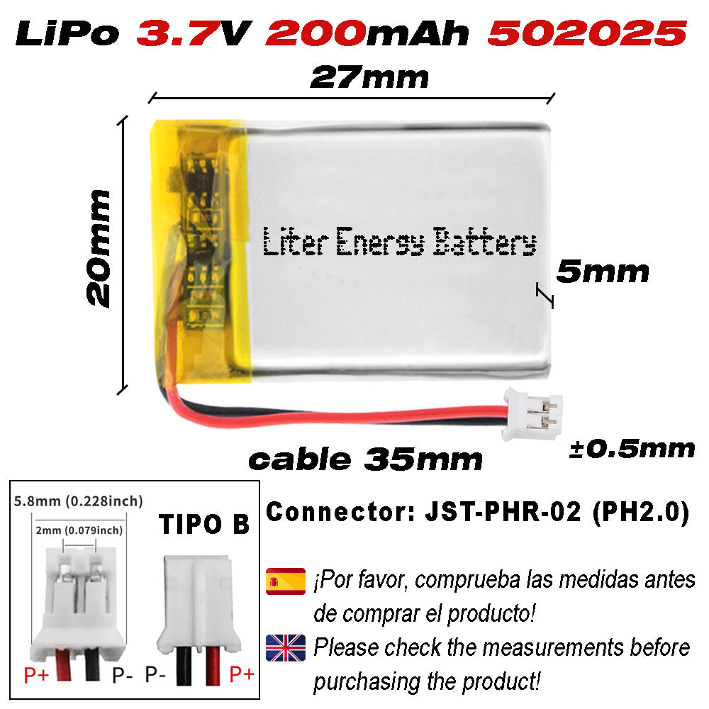 Batería 502025 LiPo 3.7V 200mAh 0.74Wh Recargable Conector PH2.0 (JST-PHR-02) Tipo B Litio: Asegúrese Que la polaridad del Dispositivo Coincide con la batería 27x20x5mm (PH2|200mAh|502025)