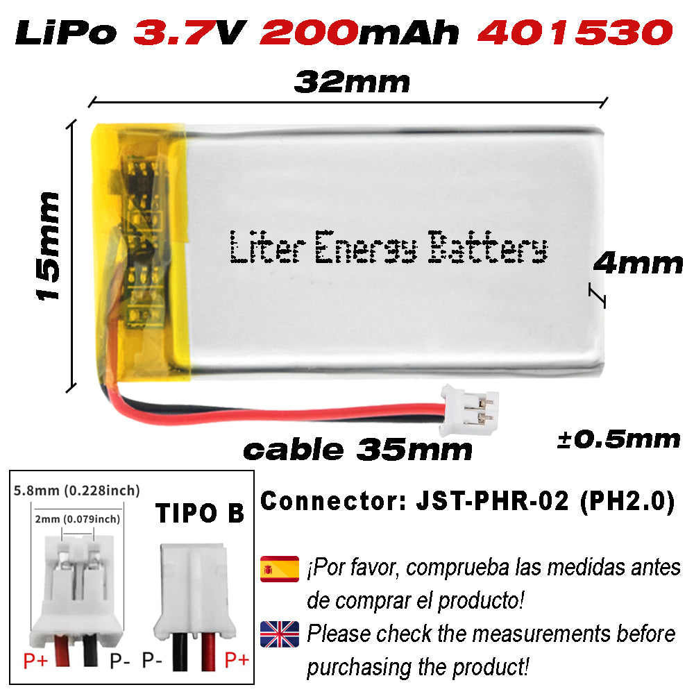 Batería 401530 LiPo 3.7V 200mAh 0.74Wh Recargable Conector PH2.0 (JST-PHR-02) Tipo B Litio: Asegúrese Que la polaridad del Dispositivo Coincide con la batería 32x15x4mm (PH2|200mAh|401530)