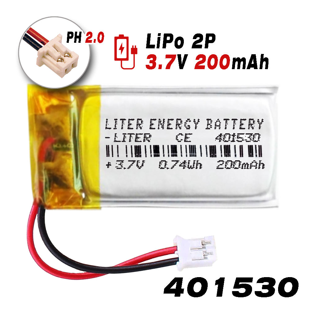 Batería 401530 LiPo 3.7V 200mAh 0.74Wh Recargable Conector PH2.0 (JST-PHR-02) Tipo B Litio: Asegúrese Que la polaridad del Dispositivo Coincide con la batería 32x15x4mm (PH2|200mAh|401530)