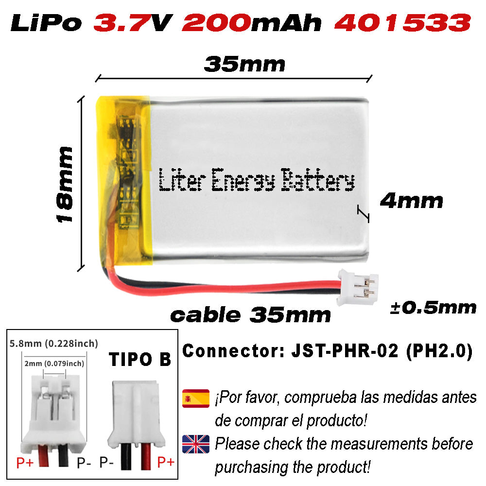 Batería 401833 LiPo 3.7V 200mAh 0.74Wh Recargable Conector PH2.0 (JST-PHR-02) Tipo B Litio: Asegúrese Que la polaridad del Dispositivo Coincide con la batería 35x18x4mm (PH2|200mAh|401833)