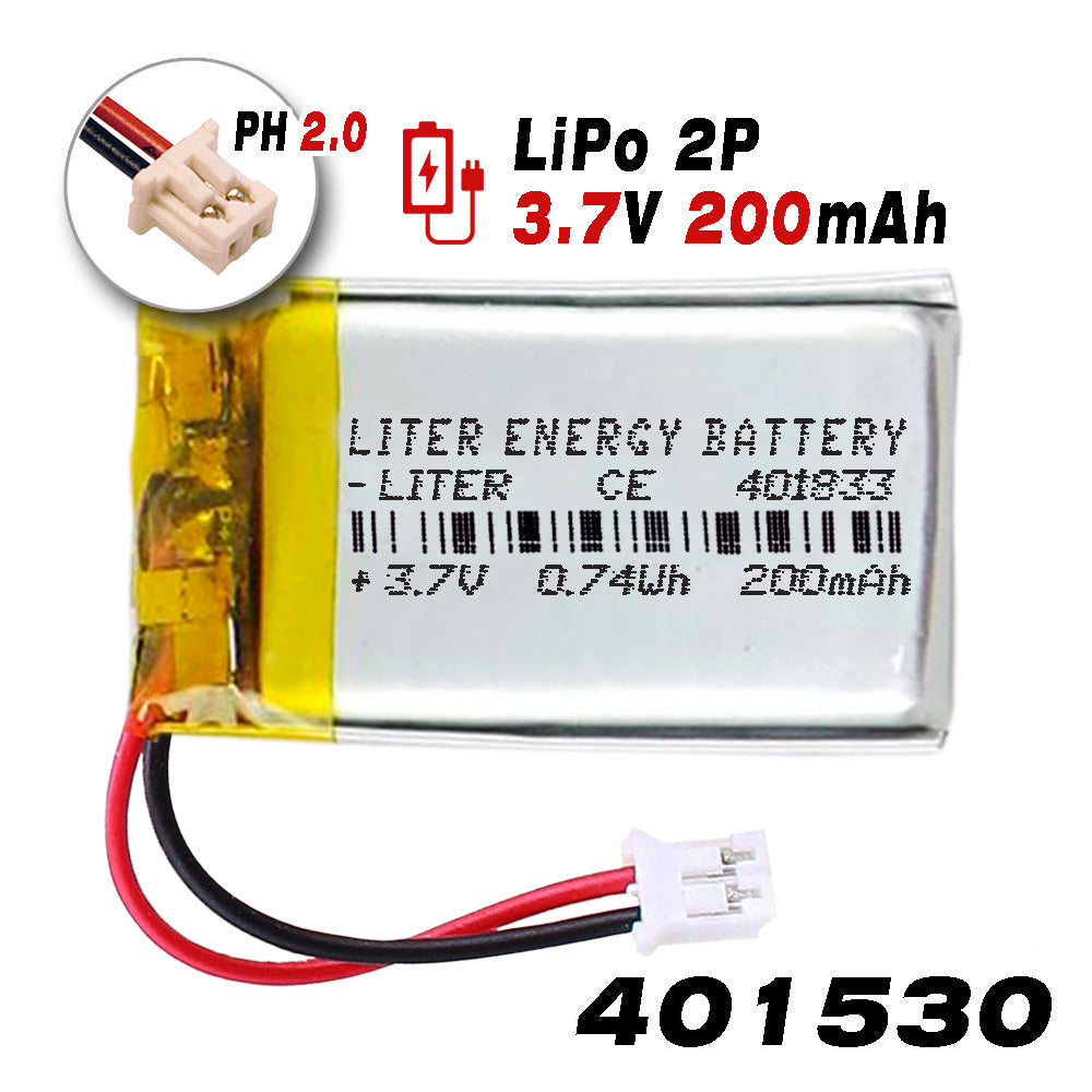 Batería 401833 LiPo 3.7V 200mAh 0.74Wh Recargable Conector PH2.0 (JST-PHR-02) Tipo B Litio: Asegúrese Que la polaridad del Dispositivo Coincide con la batería 35x18x4mm (PH2|200mAh|401833)