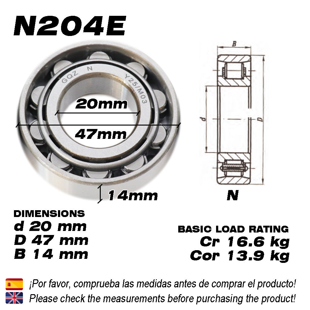 GQZ Bearing N204E Rodamiento de rodillos cilíndricos 20x47x14mm Cylindrical Roller Bearings de alta precisión y bajo ruido para bricolaje y dispositivos mecánicos Peso 0.112kg | N204E