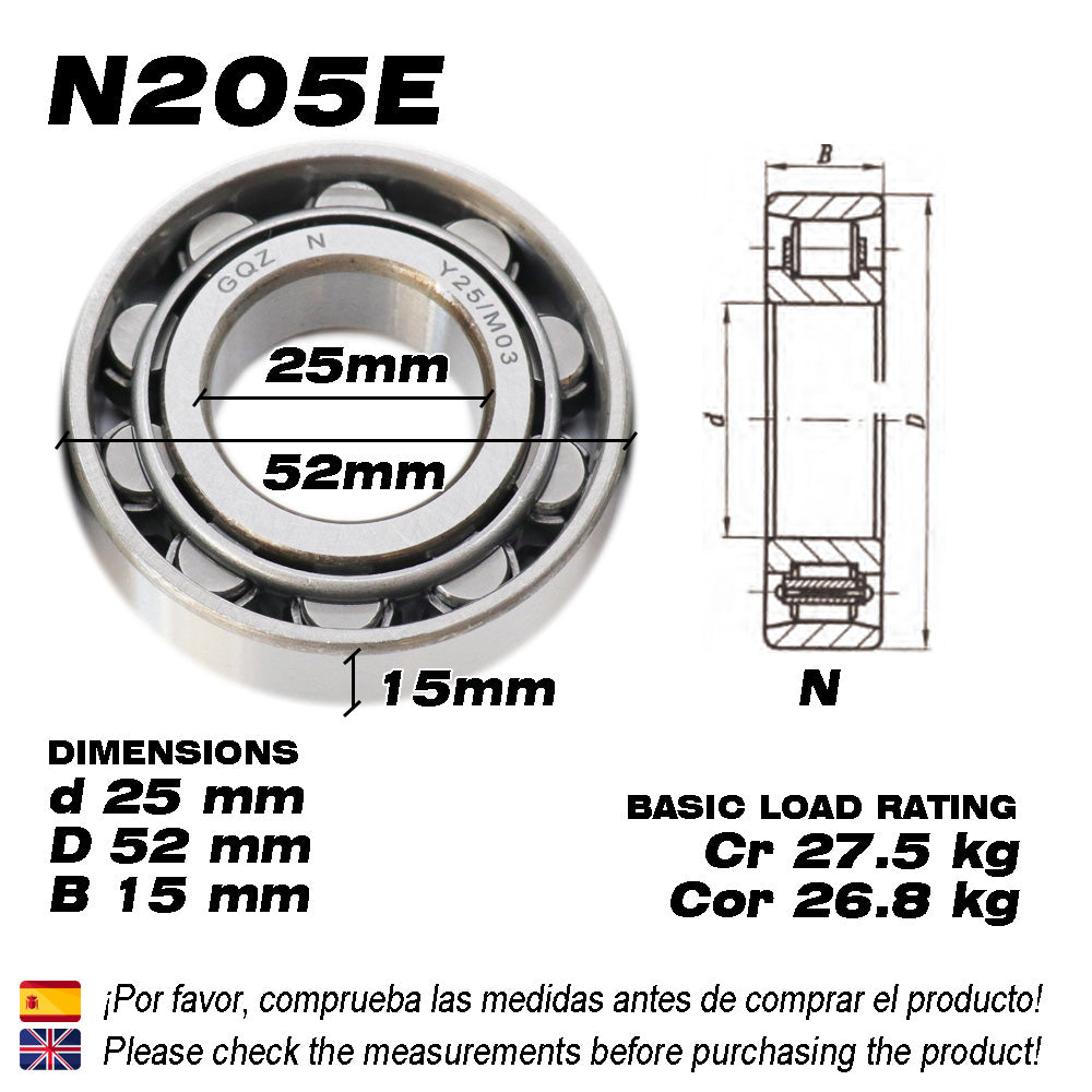 GQZ Bearing N205E Rodamiento de rodillos cilíndricos 25x52x15mm Cylindrical Roller Bearings de alta precisión y bajo ruido para bricolaje y dispositivos mecánicos Peso 0.148kg | N205E