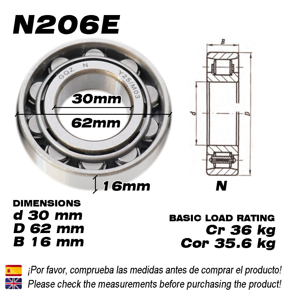 GQZ Bearing N206E Rodamiento de rodillos cilíndricos 30x62x16mm Cylindrical Roller Bearings de alta precisión y bajo ruido para bricolaje y dispositivos mecánicos Peso 0.24kg | N206E