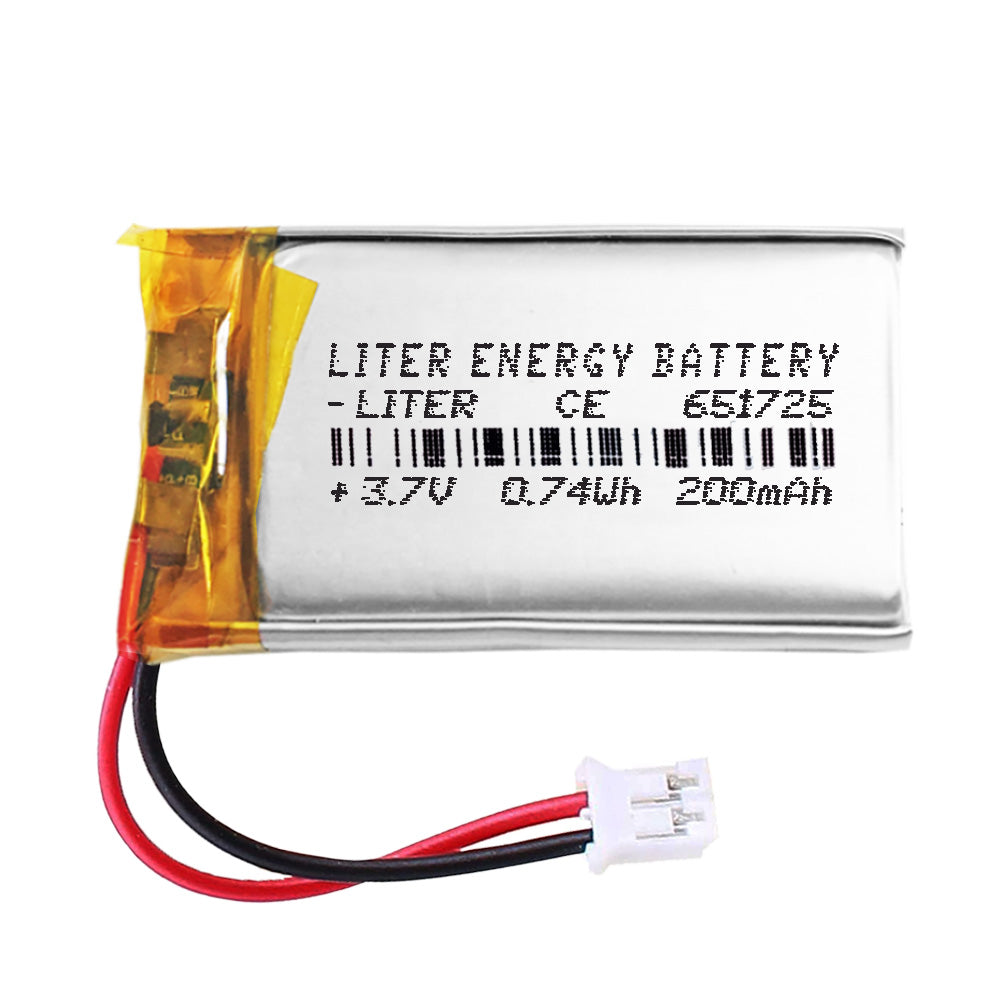 Batería 651725 LiPo 3.7V 200mAh 0.74Wh Recargable Conector PH2.0 (JST-PHR-02) Tipo B Litio: Asegúrese Que la polaridad del Dispositivo Coincide con la batería 27x17x6.5mm(PH2|200mAh|651725)