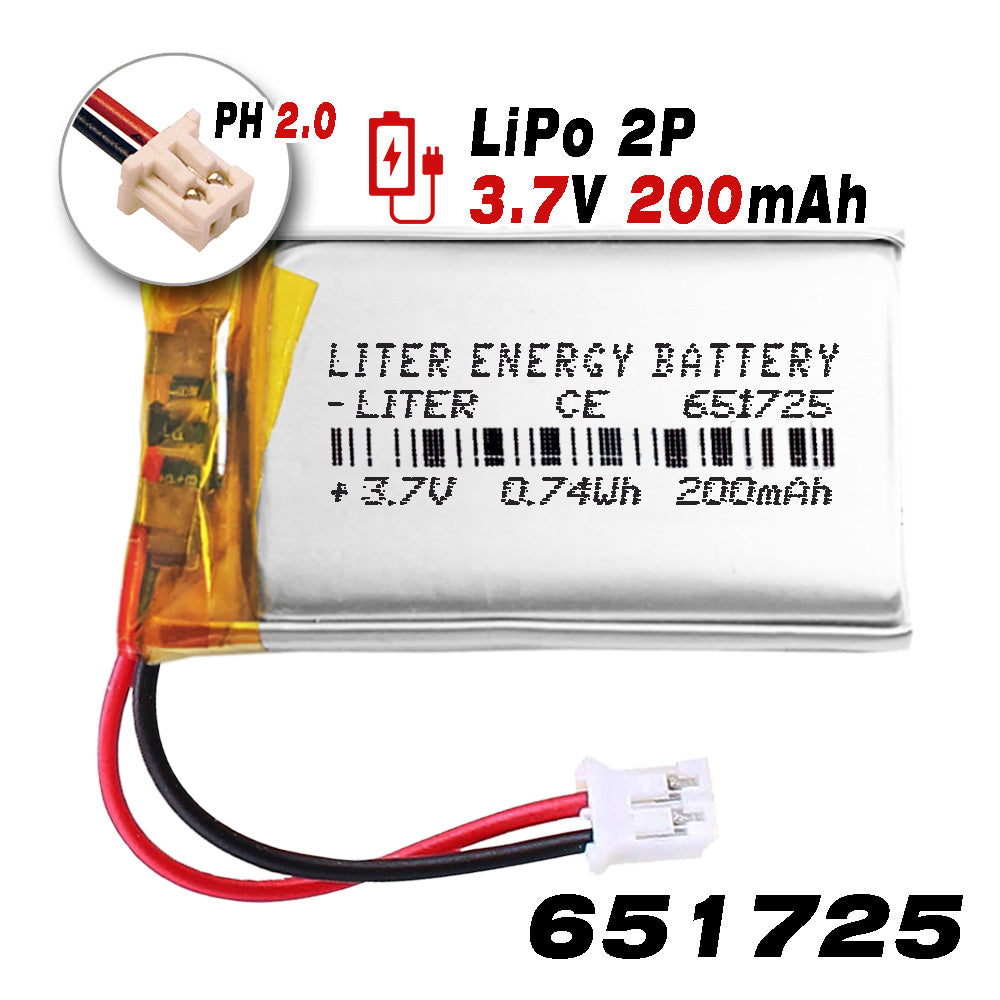 Batería 651725 LiPo 3.7V 200mAh 0.74Wh Recargable Conector PH2.0 (JST-PHR-02) Tipo B Litio: Asegúrese Que la polaridad del Dispositivo Coincide con la batería 27x17x6.5mm(PH2|200mAh|651725)