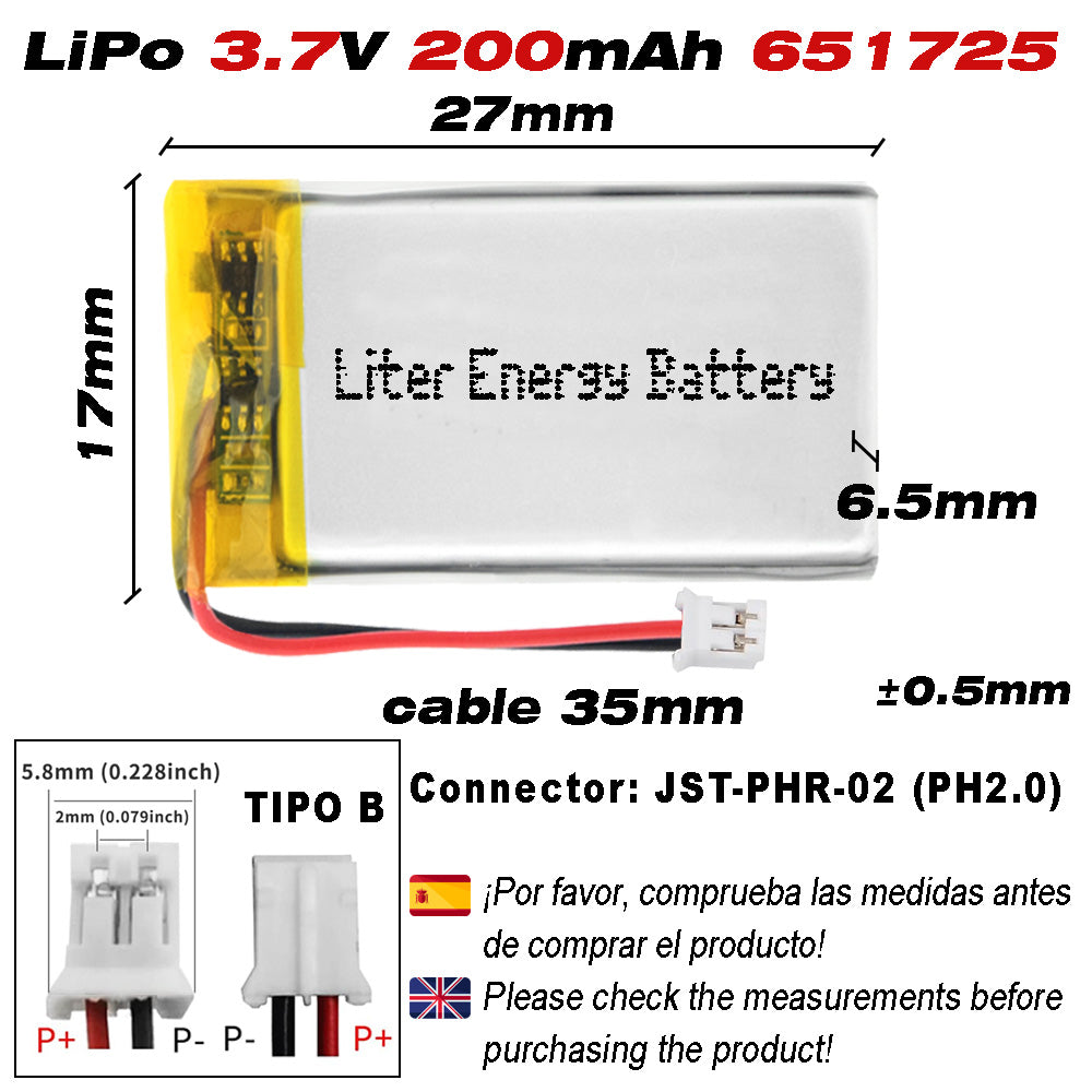 Batería 651725 LiPo 3.7V 200mAh 0.74Wh Recargable Conector PH2.0 (JST-PHR-02) Tipo B Litio: Asegúrese Que la polaridad del Dispositivo Coincide con la batería 27x17x6.5mm(PH2|200mAh|651725)