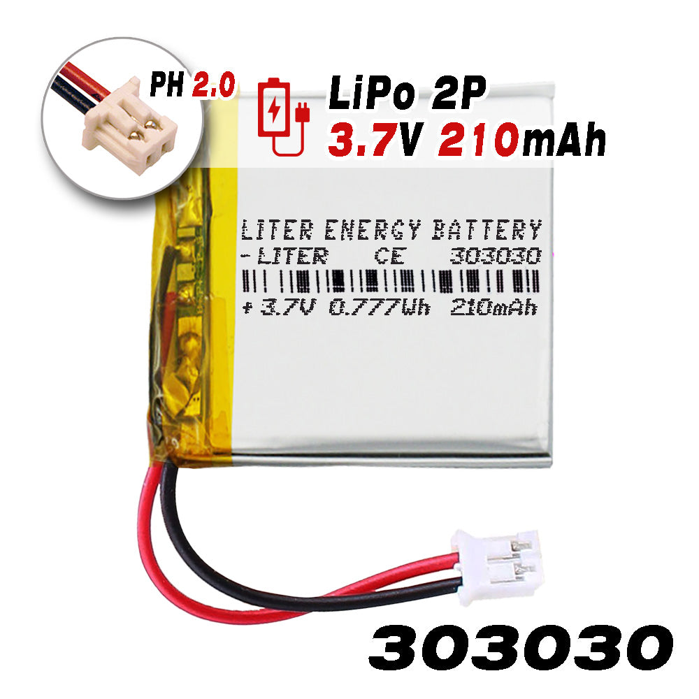 Batería 303030 LiPo 3.7V 210mAh 0.777Wh Recargable Conector PH2.0 (JST-PHR-02) Tipo B Litio: Asegúrese Que la polaridad del Dispositivo Coincide con la batería 32x30x3mm (PH2|210mAh|303030)