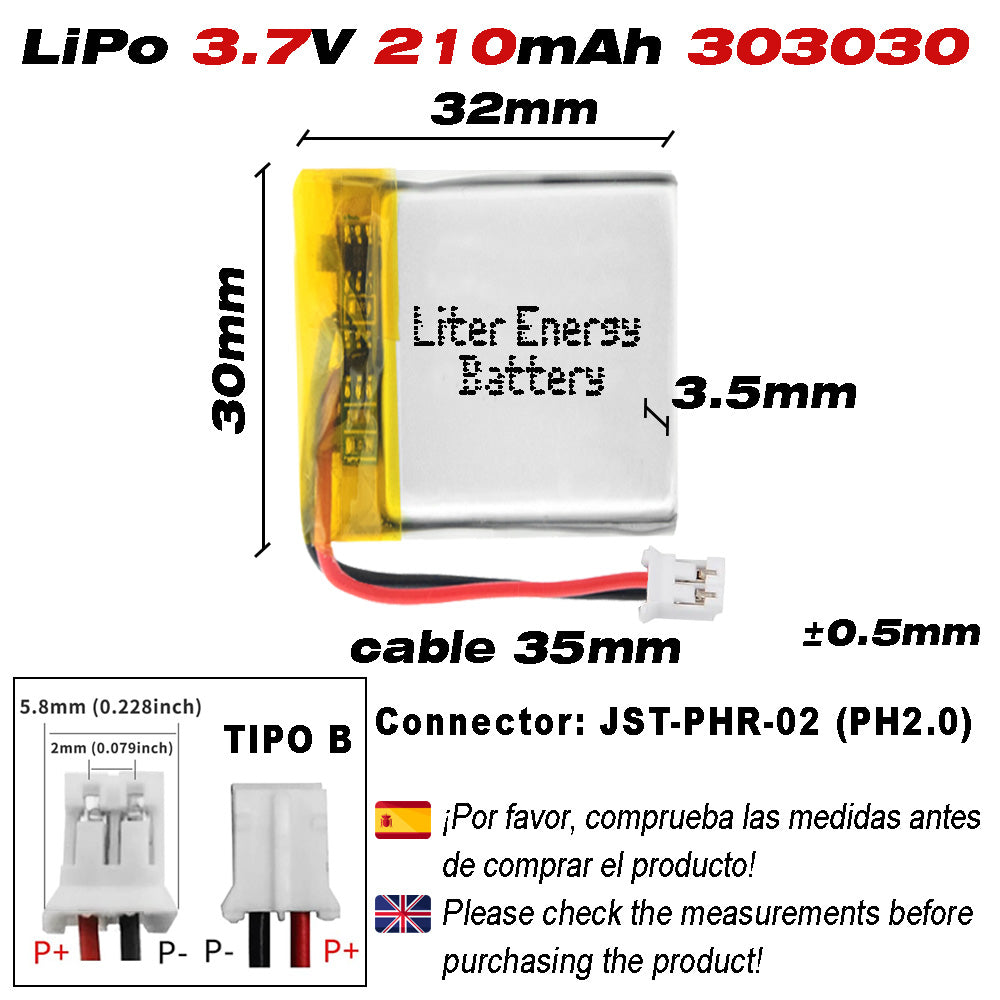 Batería 303030 LiPo 3.7V 210mAh 0.777Wh Recargable Conector PH2.0 (JST-PHR-02) Tipo B Litio: Asegúrese Que la polaridad del Dispositivo Coincide con la batería 32x30x3mm (PH2|210mAh|303030)