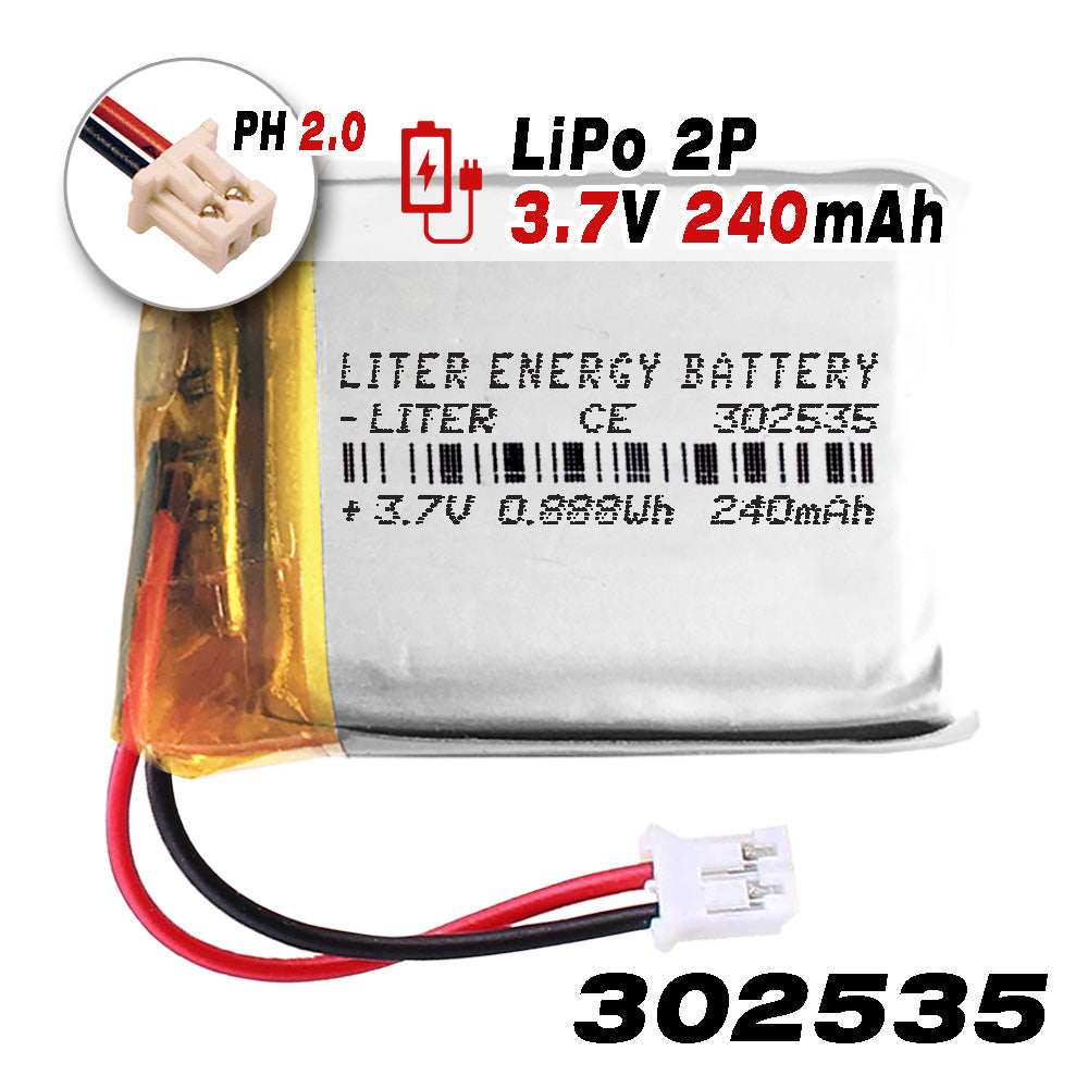 Batería 302535 LiPo 3.7V 240mAh 0.888Wh Recargable Conector PH2.0 (JST-PHR-02) Tipo B Litio: Asegúrese Que la polaridad del Dispositivo Coincide con la batería 37x25x3mm (PH2|240mAh|302535)
