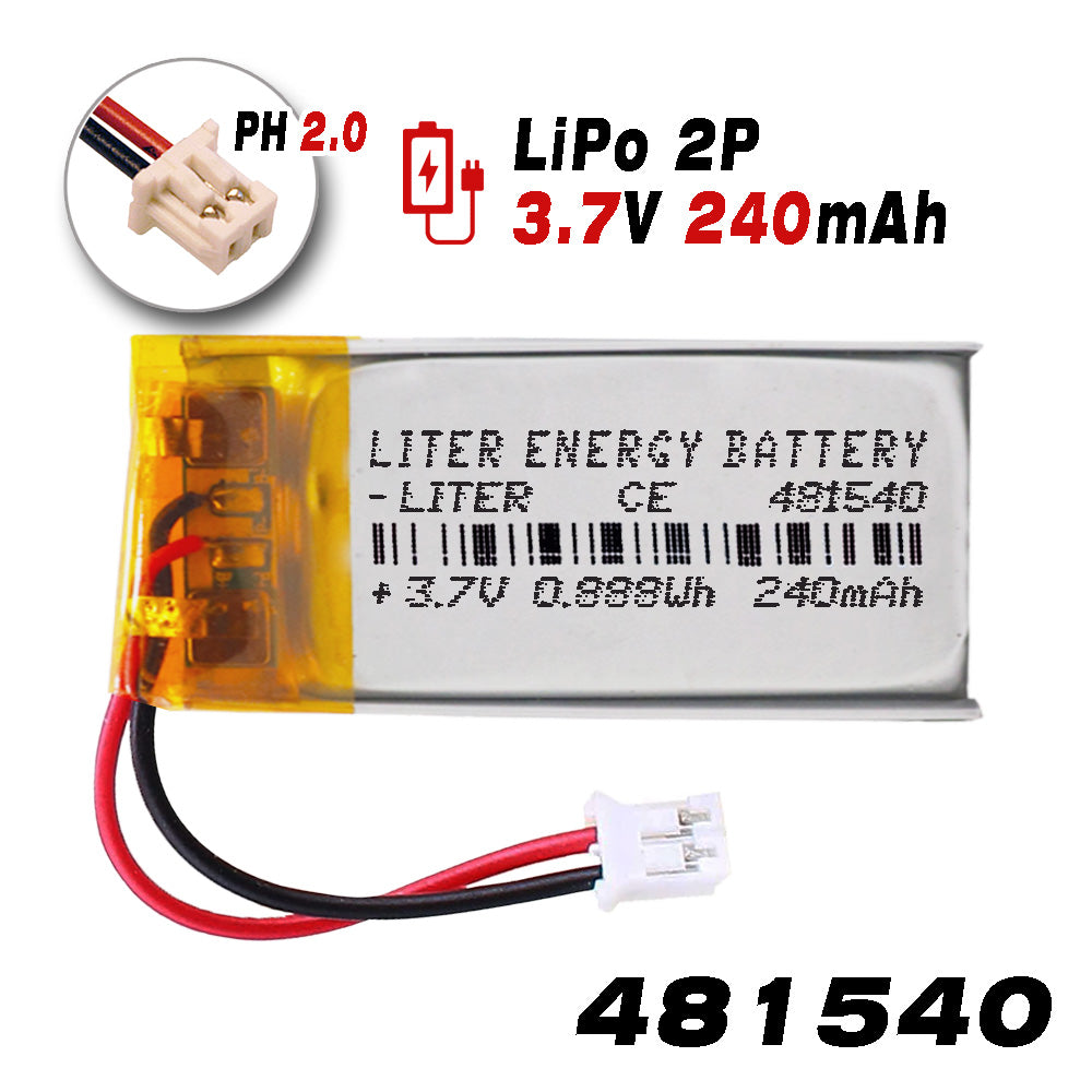 Batería 481540 LiPo 3.7V 240mAh 0.888Wh Recargable Conector PH2.0 (JST-PHR-02) Tipo B Litio: Asegúrese Que la polaridad del Dispositivo Coincide con la batería 42x15x5mm (PH2|240mAh|481540)