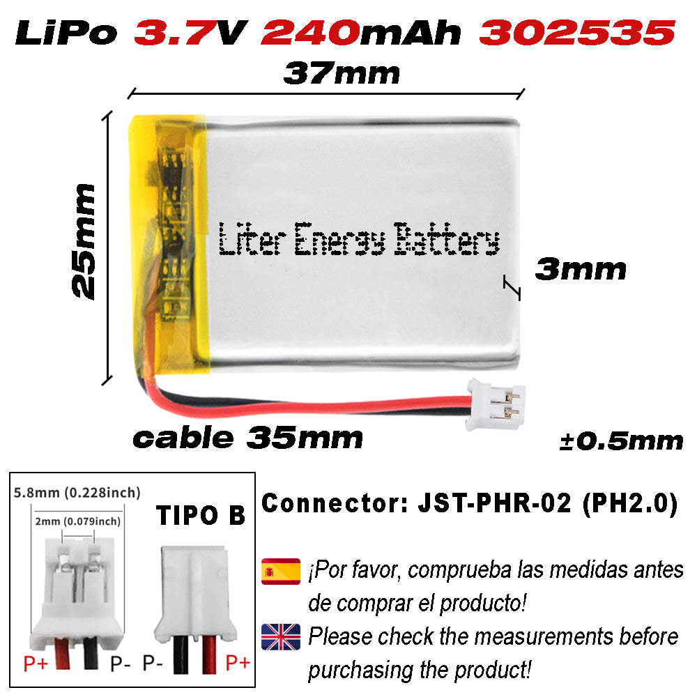 Batería 302535 LiPo 3.7V 240mAh 0.888Wh Recargable Conector PH2.0 (JST-PHR-02) Tipo B Litio: Asegúrese Que la polaridad del Dispositivo Coincide con la batería 37x25x3mm (PH2|240mAh|302535)