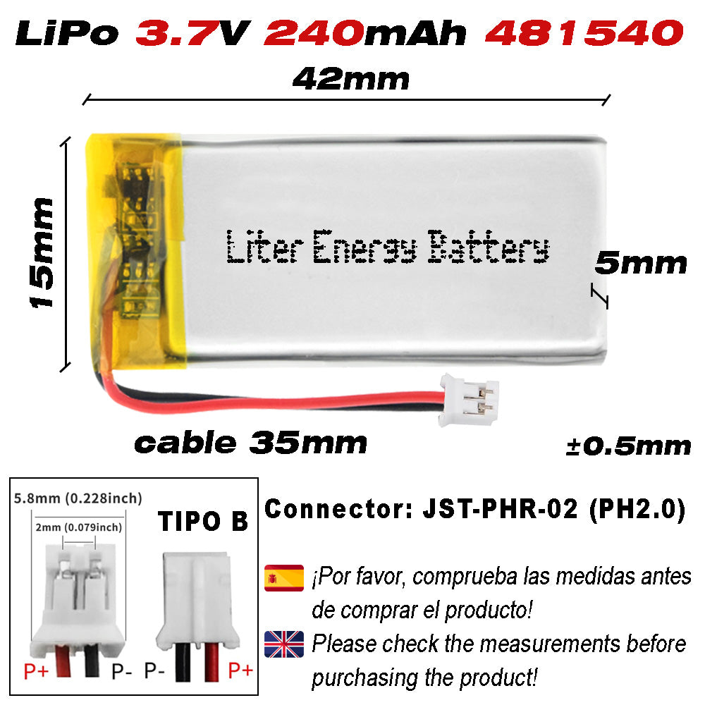 Batería 481540 LiPo 3.7V 240mAh 0.888Wh Recargable Conector PH2.0 (JST-PHR-02) Tipo B Litio: Asegúrese Que la polaridad del Dispositivo Coincide con la batería 42x15x5mm (PH2|240mAh|481540)