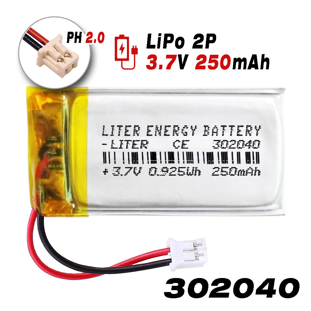 Batería 302040 LiPo 3.7V 250mAh 0.925Wh Recargable Conector PH2.0 (JST-PHR-02) Tipo B Litio: Asegúrese Que la polaridad del Dispositivo Coincide con la batería 42x20x3mm (PH2|250mAh|302040)