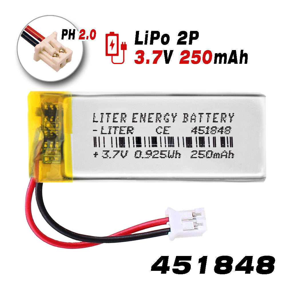 Batería 451848 LiPo 3.7V 250mAh 0.925Wh Recargable Conector PH2.0 (JST-PHR-02) Tipo B Litio: Asegúrese Que la polaridad del Dispositivo Coincide con la batería 50x18x4.5mm(PH2|250mAh|451848)