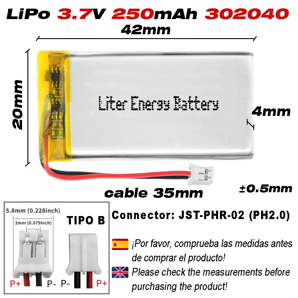 Batería 302040 LiPo 3.7V 250mAh 0.925Wh Recargable Conector PH2.0 (JST-PHR-02) Tipo B Litio: Asegúrese Que la polaridad del Dispositivo Coincide con la batería 42x20x3mm (PH2|250mAh|302040)