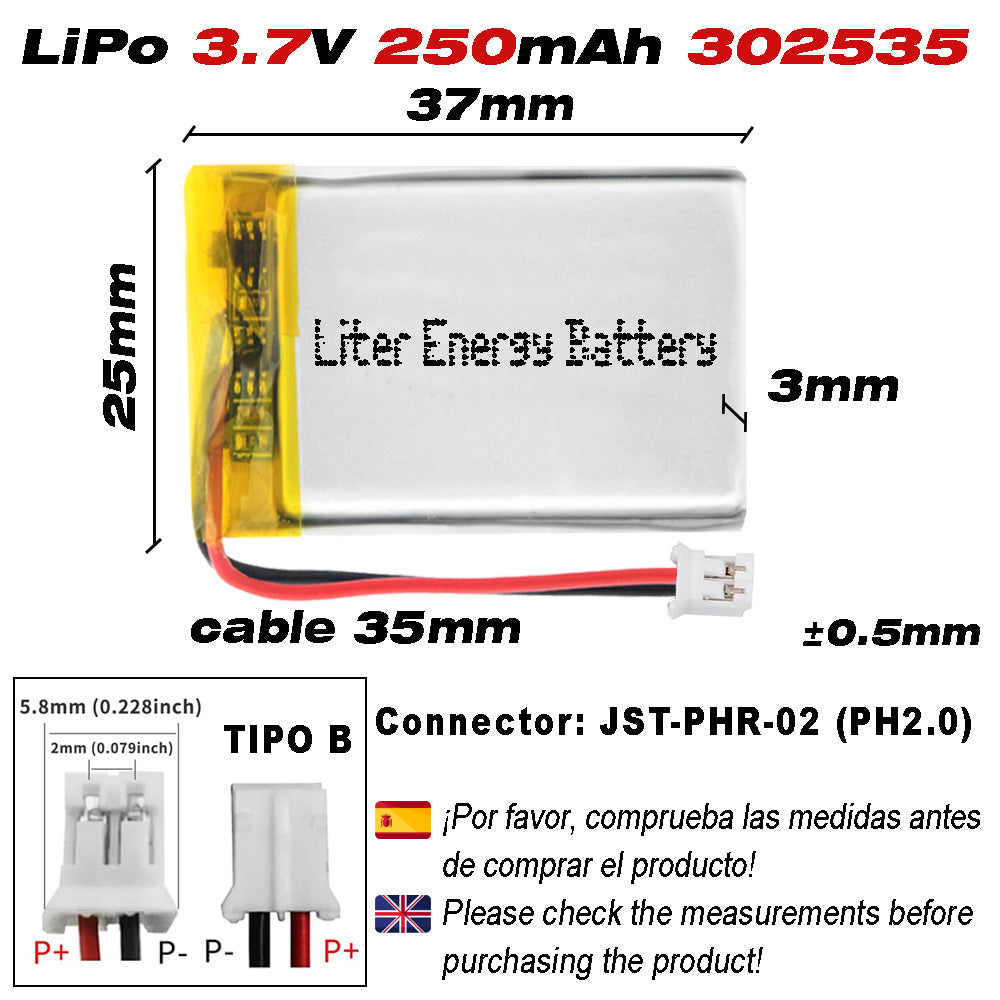 Batería 302535 LiPo 3.7V 250mAh 0.925Wh Recargable Conector PH2.0 (JST-PHR-02) Tipo B Litio: Asegúrese Que la polaridad del Dispositivo Coincide con la batería 37x25x3mm (PH2|250mAh|302535)