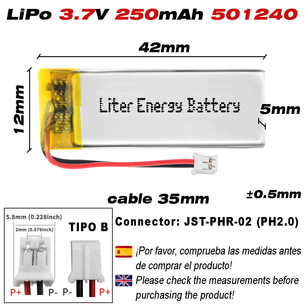 Batería 501240 LiPo 3.7V 250mAh 0.925Wh Recargable Conector PH2.0 (JST-PHR-02) Tipo B Litio: Asegúrese Que la polaridad del Dispositivo Coincide con la batería 42x12x5mm (PH2|250mAh|501240)
