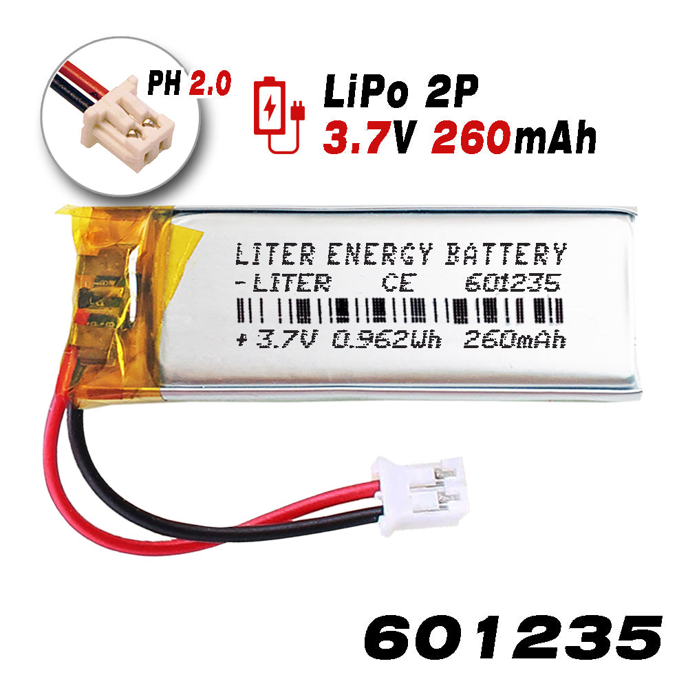 Batería 601235 LiPo 3.7V 260mAh 0.962Wh Recargable Conector PH2.0 (JST-PHR-02) Tipo B Litio: Asegúrese Que la polaridad del Dispositivo Coincide con la batería 37x12x6mm (PH2|260mAh|601235)