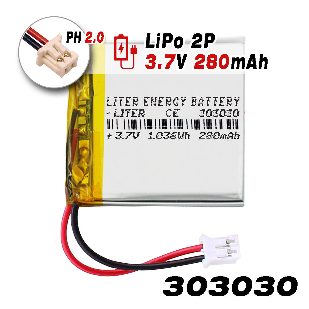 Batería 303030 LiPo 3.7V 280mAh 1.036Wh Recargable Conector PH2.0 (JST-PHR-02) Tipo B Litio: Asegúrese Que la polaridad del Dispositivo Coincide con la batería 32x30x3mm (PH2|280mAh|303030)