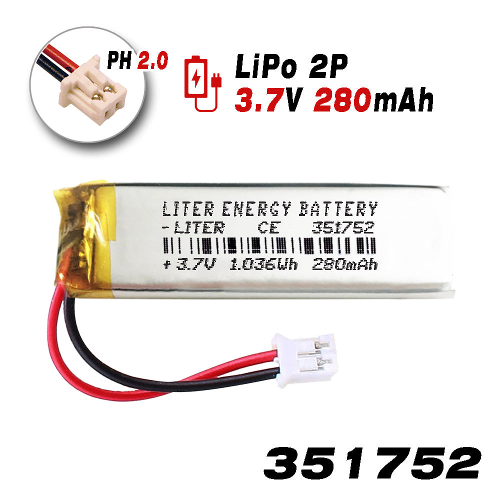 Batería 351752 LiPo 3.7V 280mAh 1.036Wh Recargable Conector PH2.0 (JST-PHR-02) Tipo B Litio: Asegúrese Que la polaridad del Dispositivo Coincide con la batería 54x17x3.5mm(PH2|280mAh|351752)