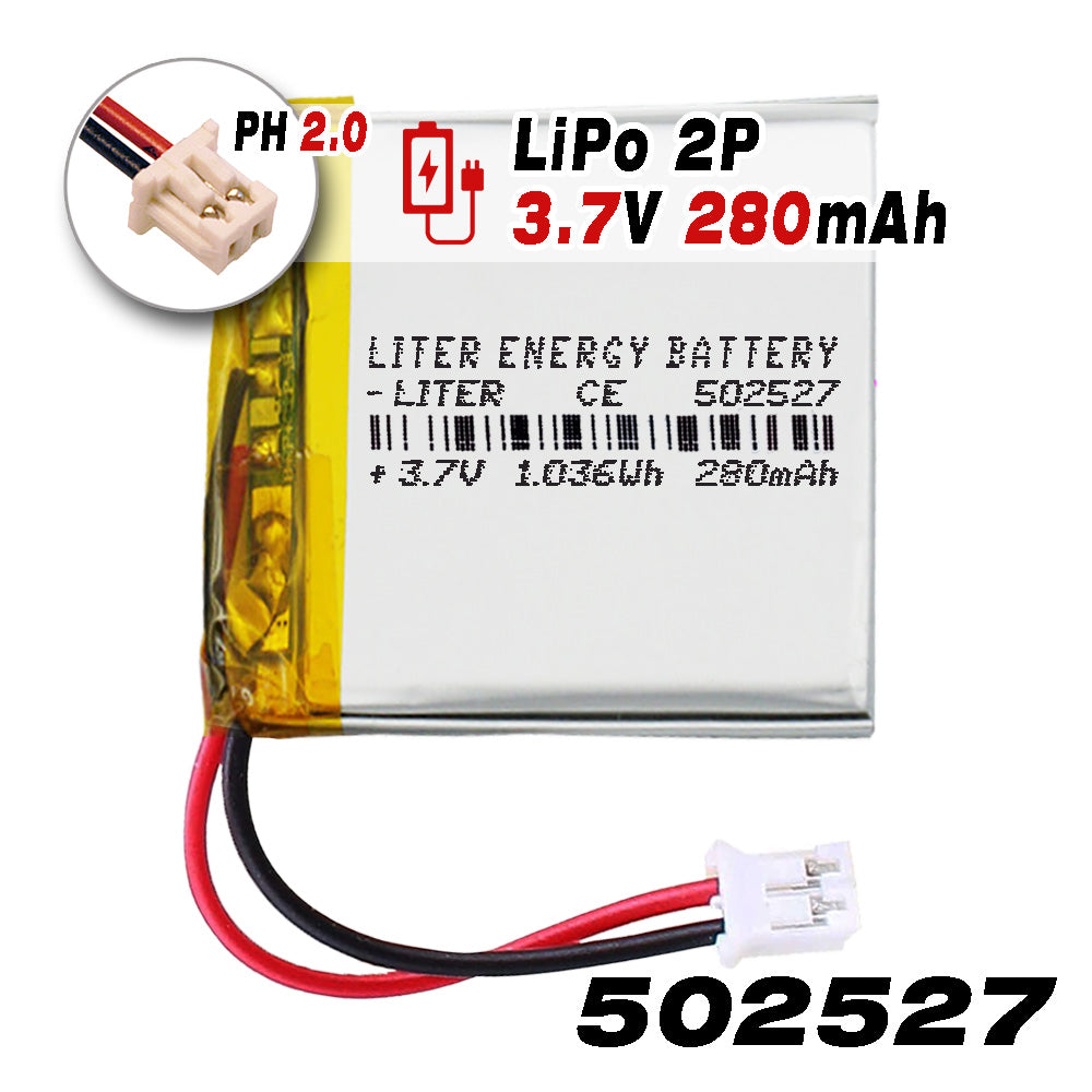 Batería 502527 LiPo 3.7V 280mAh 1.036Wh Recargable Conector PH2.0 (JST-PHR-02) Tipo B Litio: Asegúrese Que la polaridad del Dispositivo Coincide con la batería 29x25x5mm (PH2|280mAh|502527)