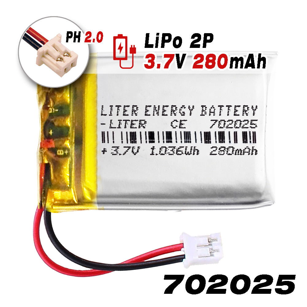 Batería 702025 LiPo 3.7V 280mAh 1.036Wh Recargable Conector PH2.0 (JST-PHR-02) Tipo B Litio: Asegúrese Que la polaridad del Dispositivo Coincide con la batería 27x20x7mm (PH2|280mAh|702025)